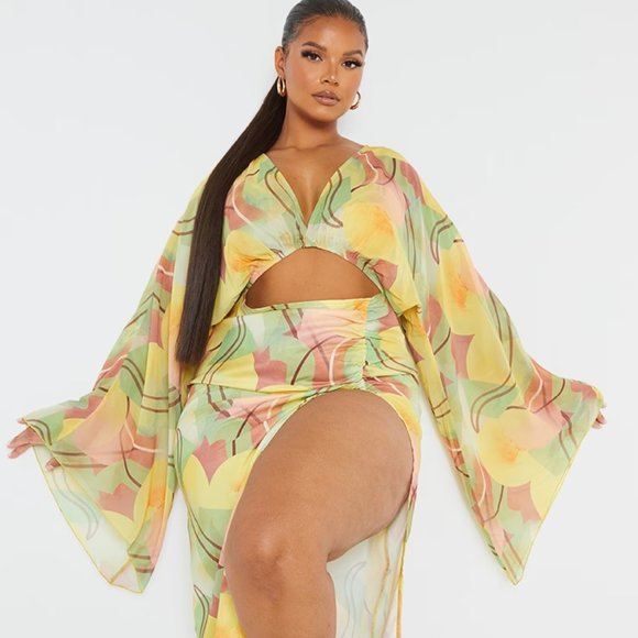 PLT PLUS MULTI PRINT CHIFFON CUT OUT SPLIT MIDI DRESS (NWOT) - Picture 2 of 5